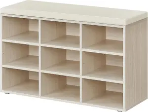 VASAGLE Shoe Bench, Storage Bench with Padded Seat, with Cushion, 9 Compartments, Adjustable Shelves, Natural Beige