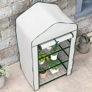 Outsunny Portable Mini Greenhouse with Roll-up Door and Wire Shelves, White