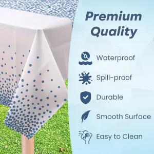 White Plastic Tablecloth, Sky Blue Polka Dot Printed Waterproof Table Cover - 54"x108"