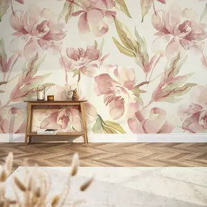 In Bloom Mural In Watercolour Peach And Green (300cm x 240cm)