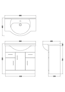 3 Door 2 Drawer Bathroom Vanity Basin Unit with Round Basin - 850mm - Gloss White