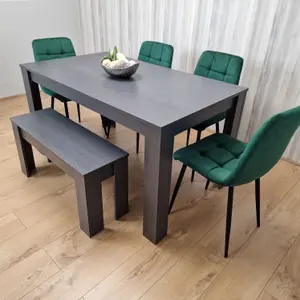 Grey Dining Table and 4 Green Velvet Tufted Chairs with 1 Bench