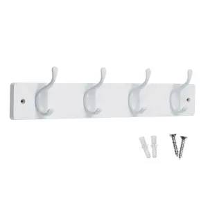 keypak 4 White Coat Hooks on White Wooden Board - 46cm Modern Wall Mounted Coat Rack Clothes Hanger