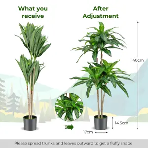 Costway 140 CM Tall Artificial Tree Fake Dracaena Plant W/ 92 Leaves Built-in Cement Pot