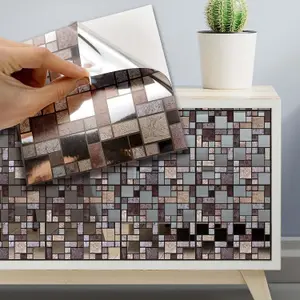 Walplus Metallic Silver Brown Stone Mosaic Metallic Tile Stickers Multipack 96Pcs