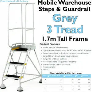 3 Tread Mobile Warehouse Steps & Guardrail GREY 1.7m Portable Safety Stairs