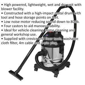 1000W Wet & Dry Vacuum Cleaner - 20L High Impact Metal Drum - Low Noise - 230V