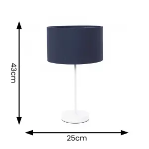 ValueLights Charles White Single Stem Table Lamp with Navy Blue Drum Lamp Shade and LED Bulb