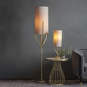 Luminosa Fraser Base & Shade Floor Lamp Satin Brass Plate, Natural Linen Mix Fabric