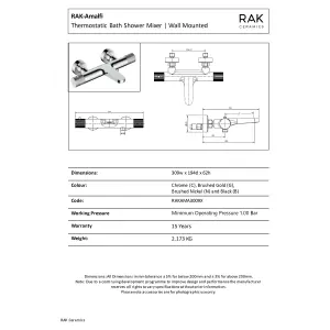 RAK Amalfi Thermostatic Wall Mounted Bath Shower Mixer Tap - Matt Black