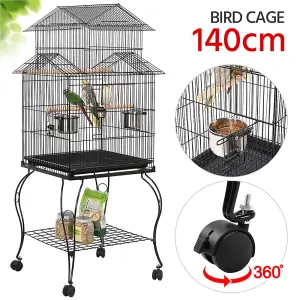 Yaheetech Black Triple Roof Rolling Bird Cage Metal Parrot Cage with Detachable Stand