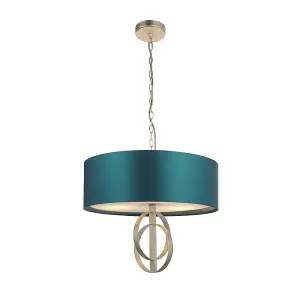 Luminosa Trento 3 Light Ceiling Pendant Antique Silver Leaf & Teal Satin Fabric