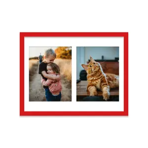 16x12 Inch 2 Opening Photo Collage Frame, Display Two 9x7 Inch Photos, Multi Aperture Family Picture Frame, Red