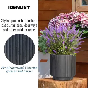 IDEALIST 30cm Round Planter with Drainage Holes, Ribbed Black Reinforced Stone Cylinder Outdoor Plant Pot D30 H30 cm, 16L