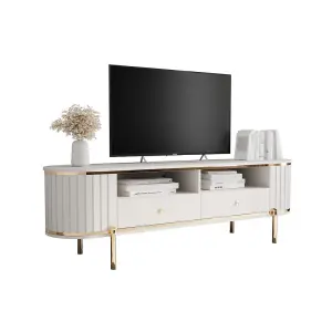 New York 181cm Television Stand in Crisp White - Elegant Widescreen Media Unit with Textured Drawer Fronts and Metal Accents