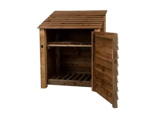 Wooden log store with door and kindling shelf W-99cm, H-126cm, D-88cm - brown finish