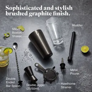 VonShef Cocktail Shaker Set Brushed Graphite, 550ml Boston Shaker 6pc Home Bar Set with Strainer, Muddler, Jigger & Gift Box