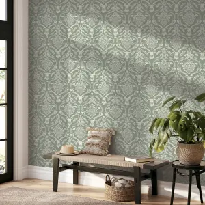 Stag Damask Sage Green Wallpaper