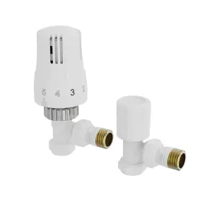 Right Radiators Angled White Thermostatic Radiator Valves 1/2"x15mm TRV & Lockshield One Pair