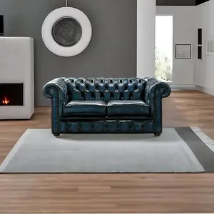 Chesterfield 2 Seater Antique Blue Real Leather Sofa Settee Bespoke In Classic Style