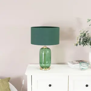 ValueLights Leigh Forest Green Glass and Gold Detail Table Lamp with Drum Shade