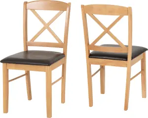 Mason Dining Chair Pair in Oak Varnish and Brown Faux Leather