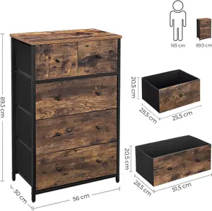 SONGMICS Chest of Drawers, Fabric 5-Drawer Storage Organiser Unit, Dresser, for Room, Hallway, Nursery, Rustic Brown & Black