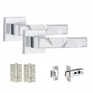 6 Pair Modern Nova Design Polished Chrome Premium Door Handles Square Rose 3" Ball Bearing Hinges and Tubular Latch - Golden Grace