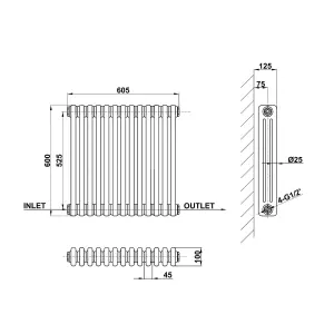 Horizontal Anthracite Triple Column Radiator (H) 600mm x (W) 605mm, 3868 BTU.