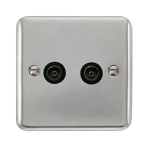 Curved Polished Chrome 2 Gang Twin Coaxial TV Socket - Black Trim - SE Home