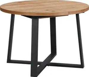 Bern Extending Round Oak Dining Table, Modern Industrial Oak Wood Metal Leg Design, Black/Oak Modern Wooden - Daals - Dining Tables