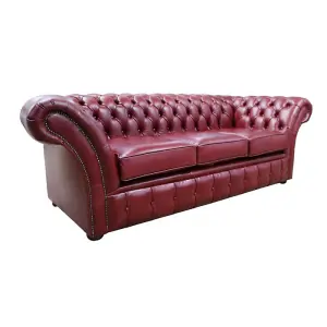 Chesterfield 3 Seater Old English Burgandy Leather Sofa Settee In Balmoral Style