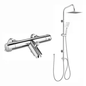 ENKI Dune Chrome Dual Rigid Riser Brass Thermostatic Overhead Shower & Handheld Kit 400mm