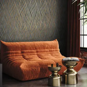 Galerie The New Design Book Black/Copper Sheen Wave Ribbons Wallpaper Roll