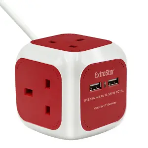 EXTRASTAR Rubik Power Cube 4 Ways Sockets 2 x USB 5V 1.5m  Red 13A extension lead