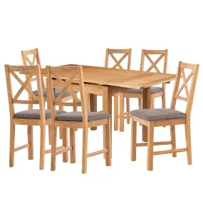 Hallowood Furniture Waverly Small Extending Table with 6 Cross Back Oak Chairs with Steel Grey Fabric Seats