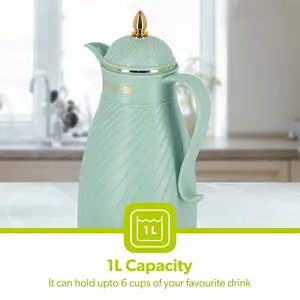 Royalford Glass Vacuum Flask, Vacuum Insulated Tea Carafe 1000ML -Heat & Cold Retention, Thermal Insulated Airpot, Green