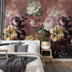 Grandeco Painted Flowers Burgundy 3 Lane Repeatable Wallpaper Mural 159 x 280cm