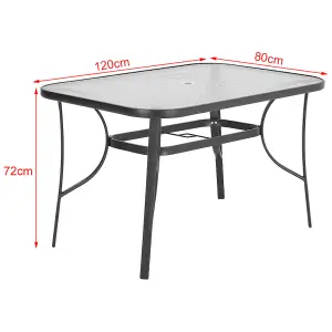 Black Rectangular Tempered Glass Tabletop Metal Outdoor Garden Coffee Table with Parasol Hole 120cm