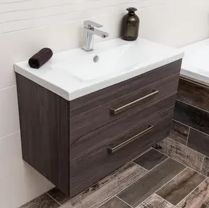 Novela 800mm Wall Hung Vanity Unit in Dark Wood with Ceramic Basin