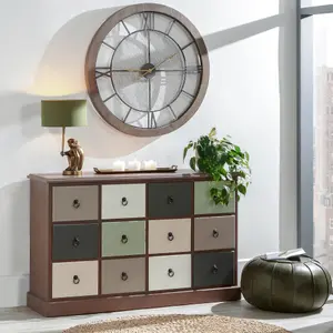 Natural Wood and Black Metal Mesh Round Wall Clock