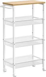 VASAGLE Storage Cart, 4-Tier, Space-Saving Rolling Trolley, Metal, Handle, Trolley for Small Spaces, Oak and White