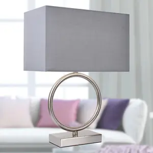 First Choice Lighting Set of 2 Satin Nickel Hoop Lamps with Grey Shade