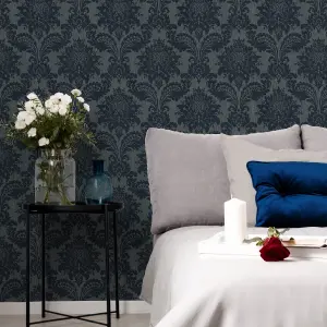 Boutique Navy Metallic effect Damask Textured Wallpaper Sample