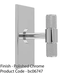 Knurled T Bar Cabinet Door Knob & Matching Backplate - Polished Chrome 76 x 40mm