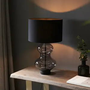 Luminosa Lecce Base & Shade Table Lamp, Grey Tinted Glass, Black Cotton Fabric With Matt Black Paint