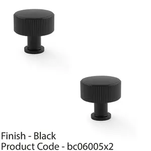 2 PACK - Round Reeded Door Knob - 35mm Diameter Matt Black Lined Cupboard Pull Handle