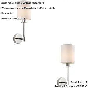 2 PACK Polished Nickel Dimmable Wall Light - Modern Vintage White Cylinder Shade - 6W LED E14