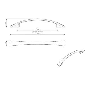 2x Tapered Pull Handle 172 x 16mm 1 28mm Fixing Centres Satin Nickel Curved Bow