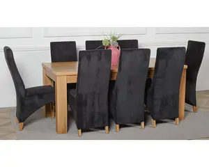 Dakota 182 x 92 cm Chunky Oak Large Dining Table and 8 Chairs Dining Set with Lola Black Fabric Chairs